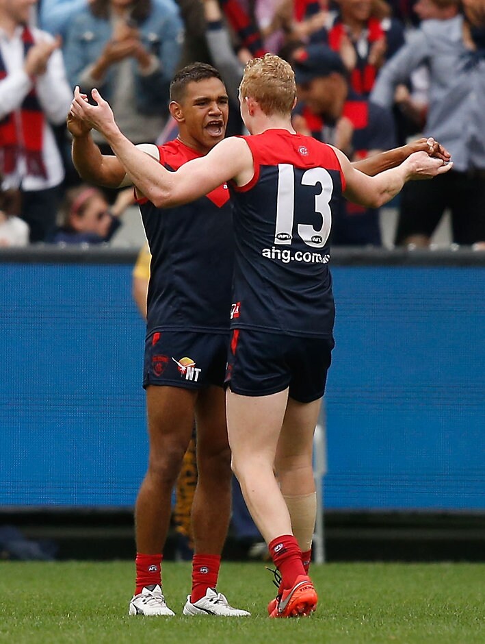 AFL 2016 Rd 01 - Melbourne v GWS Giants Neville Jetta and Clayton Oliver celebrate the Demons' win - ${keywords}